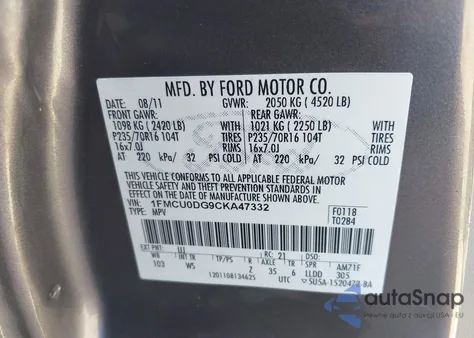 2012 Ford Escape Xlt z USA, uszkodzony, nr VIN 1FMCU0DG9CKA47332